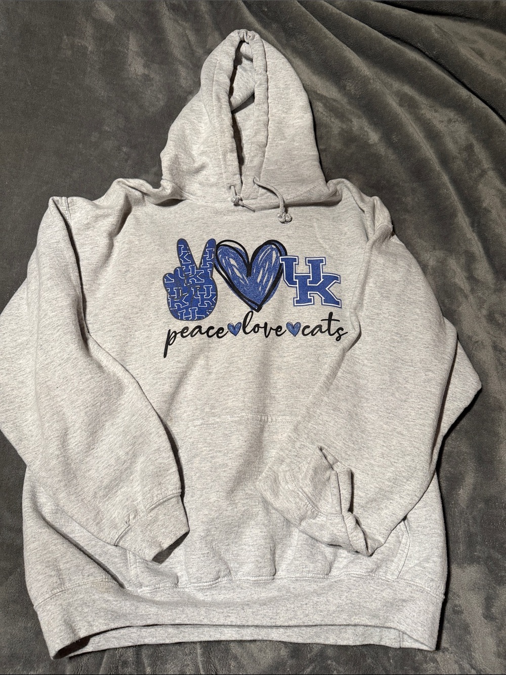 Source Unknown Gray Heather Hoodie with Blue UK Peace Love Cats Graphic